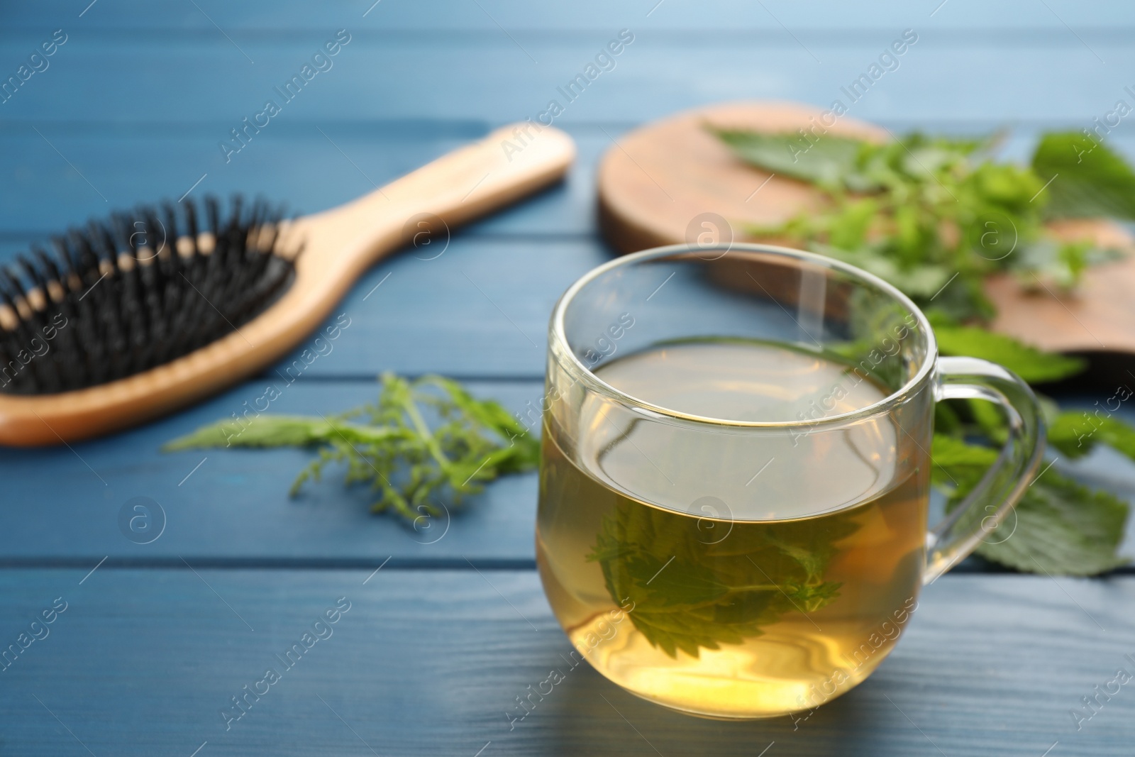 Photo of Stinging nettle infusion on blue wooden table, space for text. Natural hair care