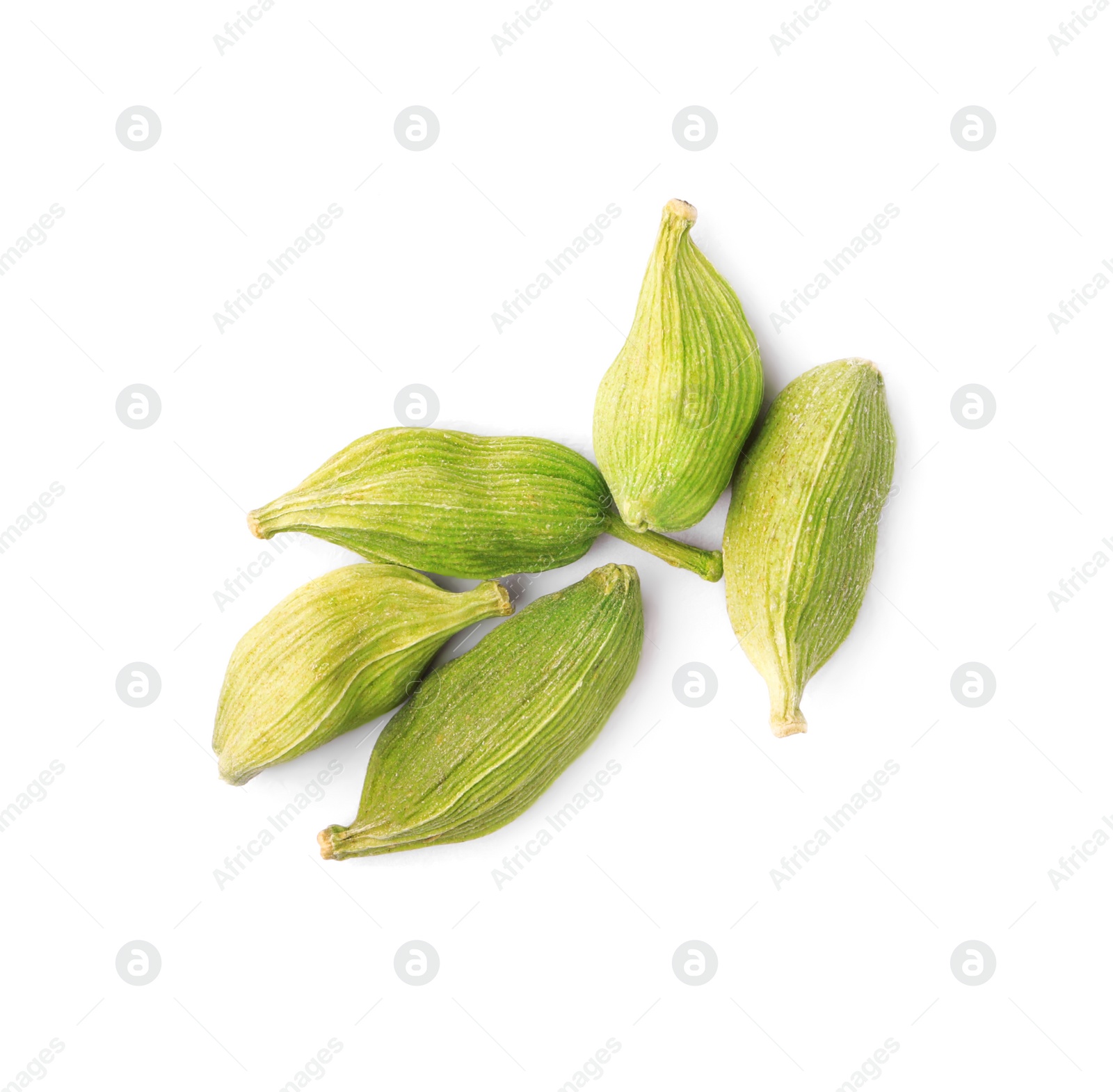 Photo of Pile of dry green cardamom on white background, top view