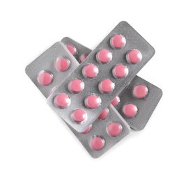 Photo of Blisters with pills on white background, top view