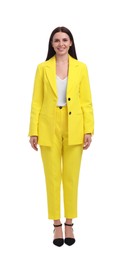 Photo of Beautiful happy businesswoman in yellow suit on white background