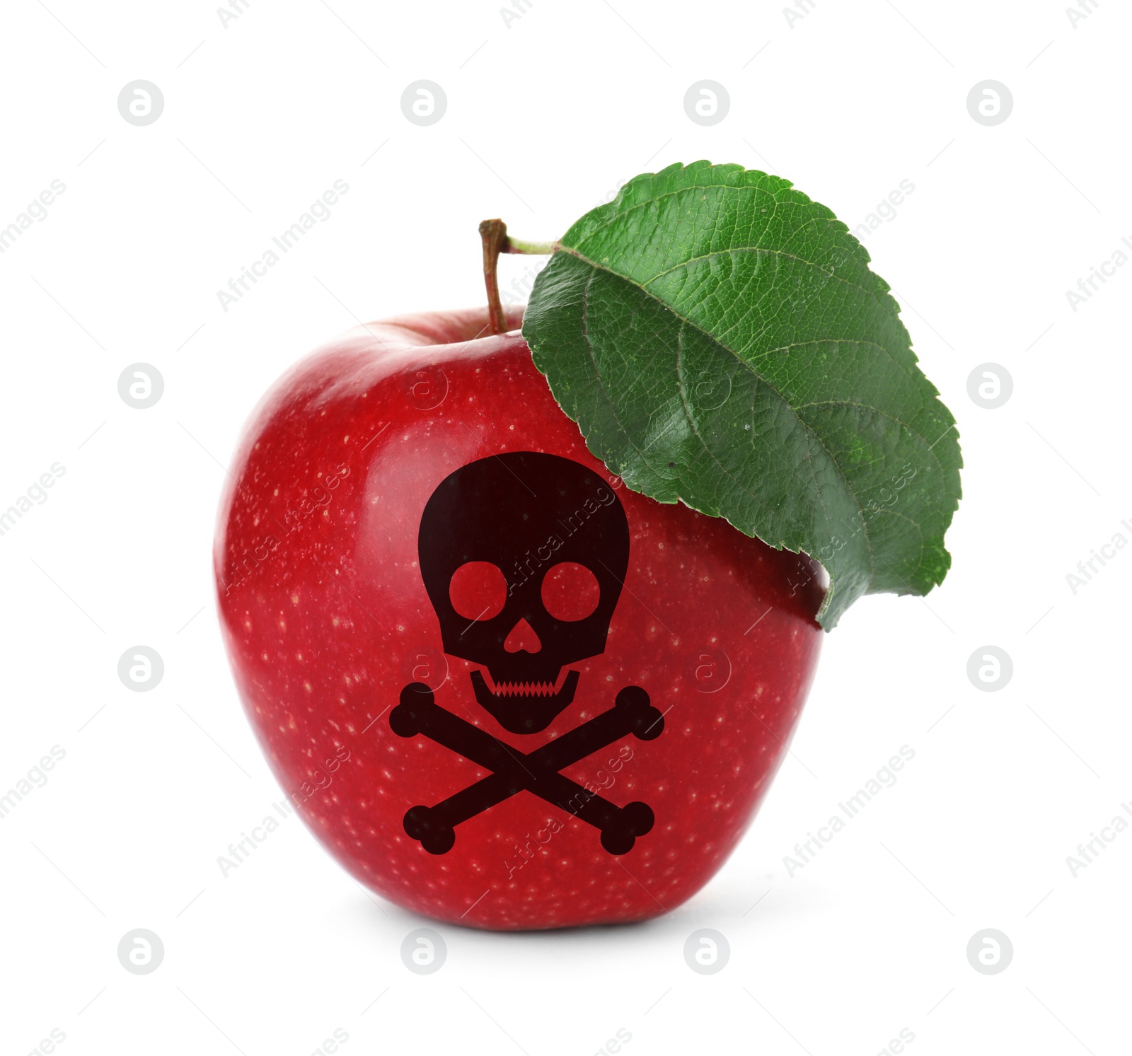 Image of Red poison apple with skull and crossbones image on white background