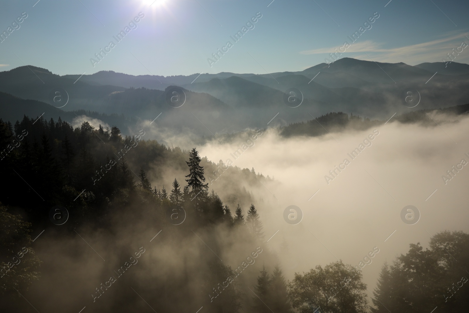 Photo of Beautiful view of mountains covered with fog at sunrise