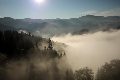 Photo of Beautiful view of mountains covered with fog at sunrise