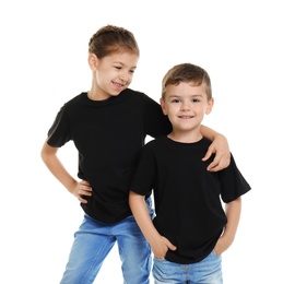 Photo of Little kids in t-shirts on white background. Mockup for design