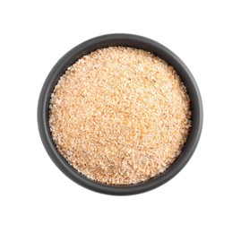 Photo of Fresh bread crumbs in bowl isolated on white, top view