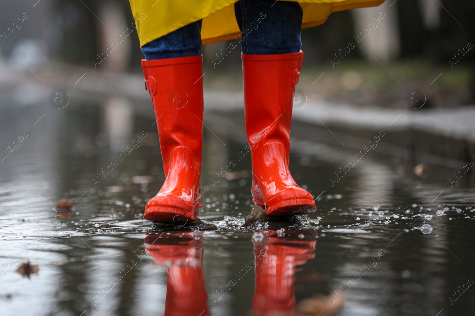 Photo of Woman jumping in puddle outdoors on rainy day, closeup