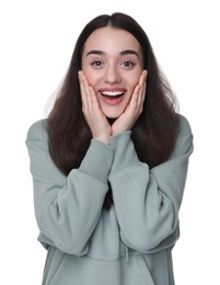 Photo of Portrait of happy surprised woman on white background