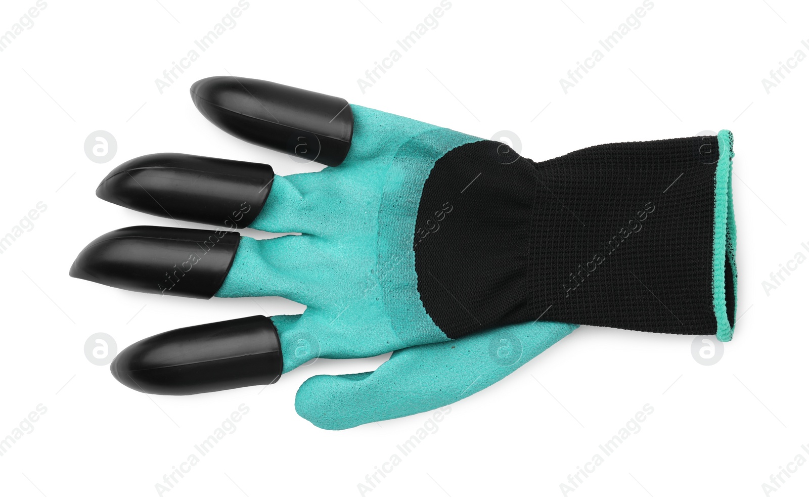 Photo of One claw gardening glove isolated on white, top view