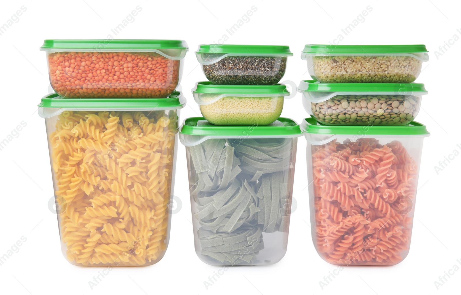 Photo of Plastic containers filled with food products isolated on white