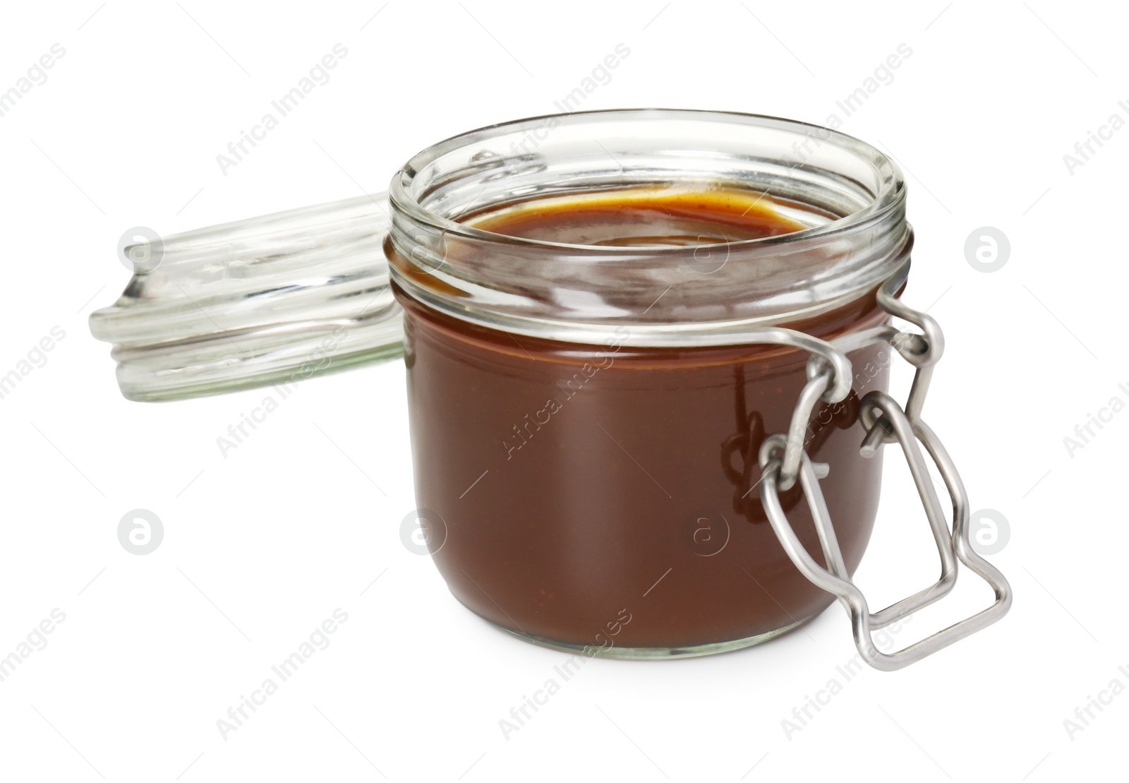 Photo of Tasty barbecue sauce in glass jar isolated on white
