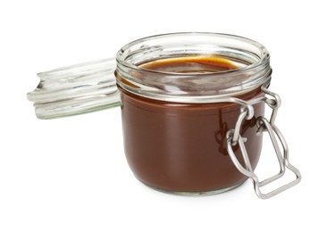 Tasty barbecue sauce in glass jar isolated on white