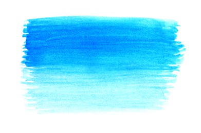 Blue paint stroke drawn with brush on white background, top view