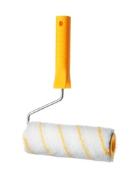 Photo of New paint roller brush on white background