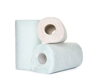 Rolls of toilet paper on white background