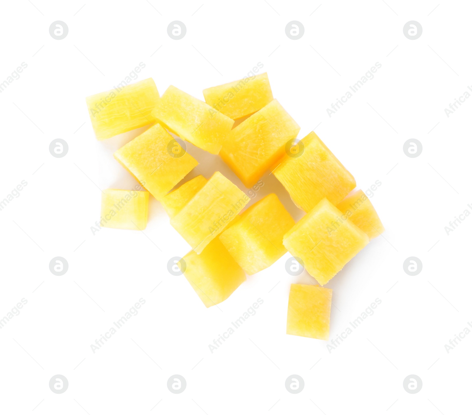 Photo of Raw yellow carrot cubes isolated on white, top view