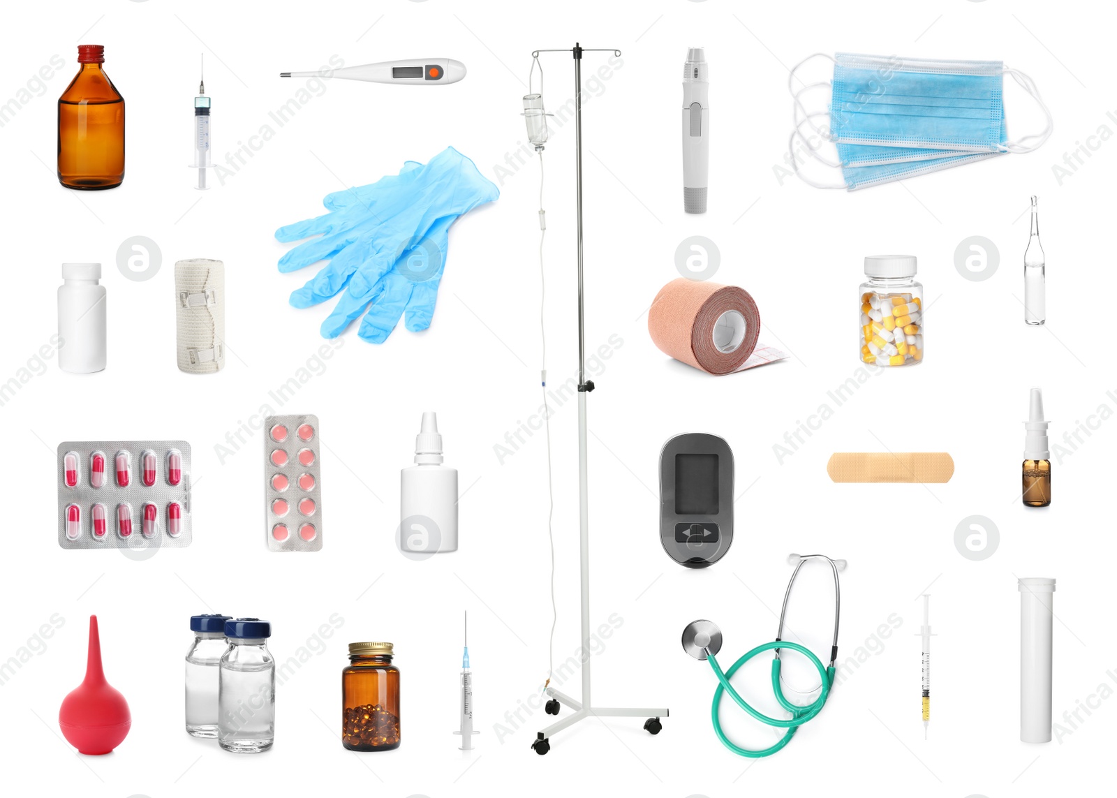 Image of Set with drop counter stand and different medical equipment on white background