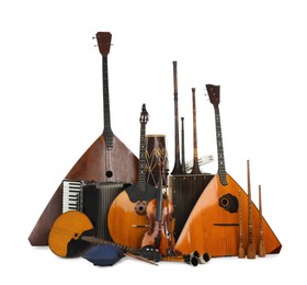 Set of different musical instruments on white background