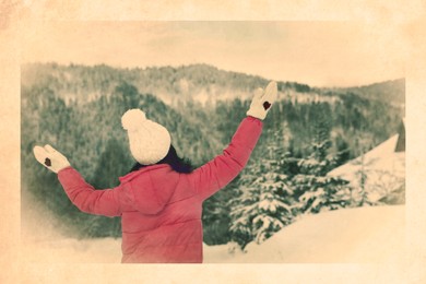 Old paper photo. Woman enjoying trip on snowy day, back view