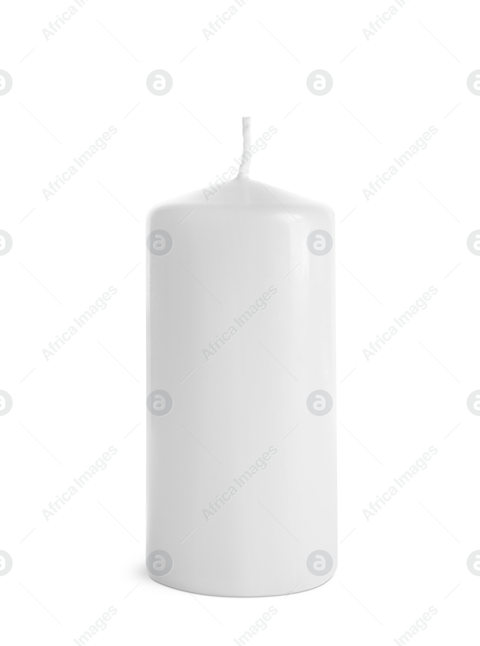 Photo of New pillar wax candle on white background