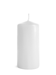 Photo of New pillar wax candle on white background