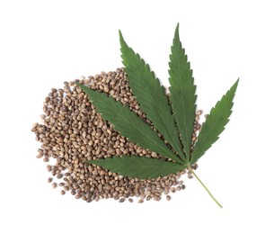 Photo of Fresh green hemp leaf and seeds on white background, top view