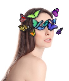 Image of Young woman with beautiful butterflies on white background. Stylish collage design