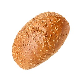 Photo of One fresh burger bun with sesame seeds isolated on white