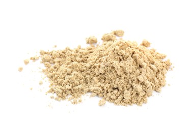 Photo of Heap of aromatic mustard powder on white background