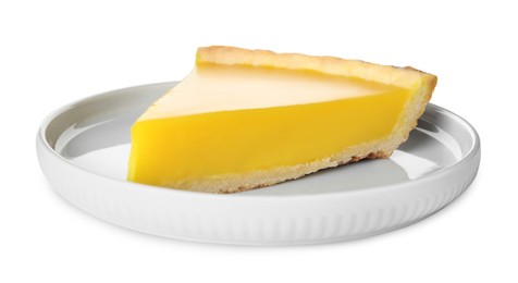 Plate with slice of delicious homemade lemon pie on white background