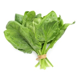 Bundle of fresh spinach isolated on white, top view