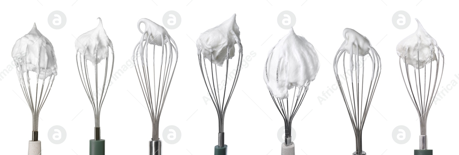 Image of Many different whisks with cream isolated on white, collection