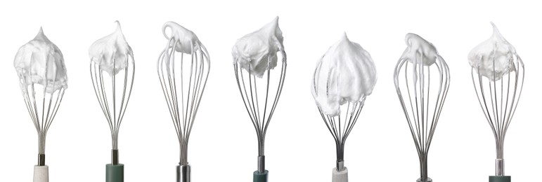 Image of Many different whisks with cream isolated on white, collection