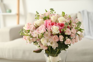 Beautiful bouquet of fresh flowers in vase indoors