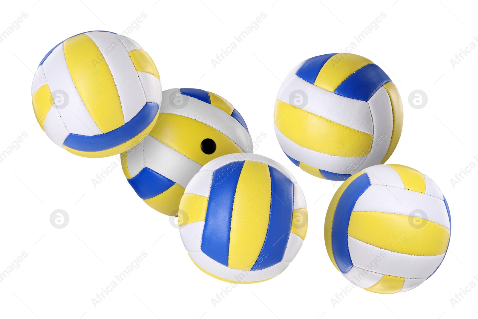 Image of Many volleyball balls flying on white background