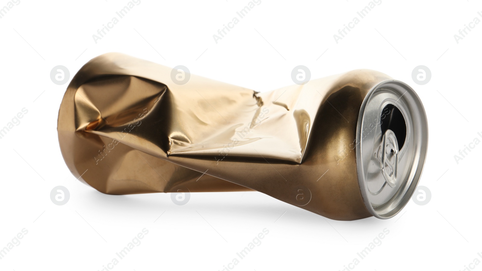 Photo of Golden crumpled can with ring isolated on white