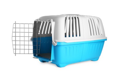 Photo of Light blue pet carrier isolated on white