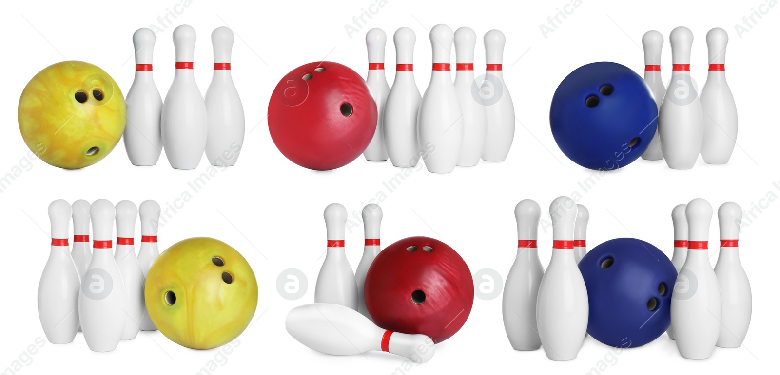 Image of Set of bowling balls and pins on white background