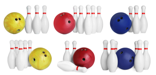 Image of Set of bowling balls and pins on white background
