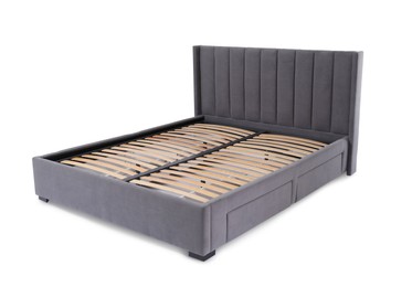 Comfortable gray bed with wooden slats on white background