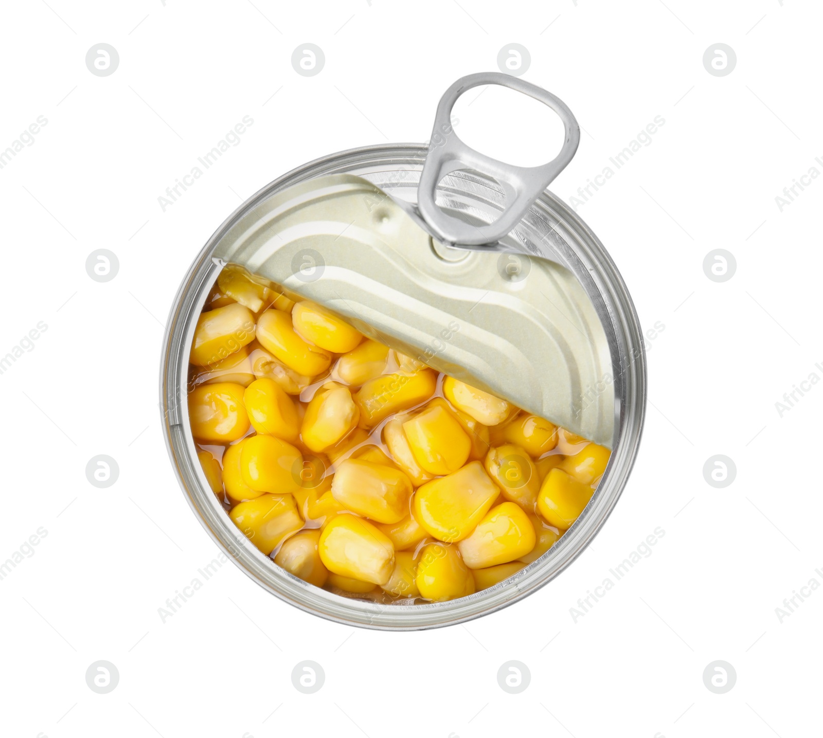 Photo of Open tin can of corn kernels isolated on white, top view