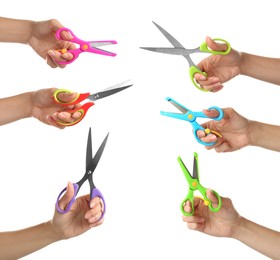 Image of Collage with photos of women holding different scissors on white background, closeup 