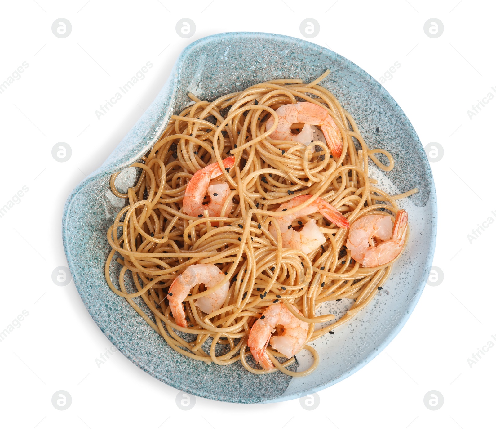 Photo of Plate of tasty buckwheat noodles with shrimps on white background, top view