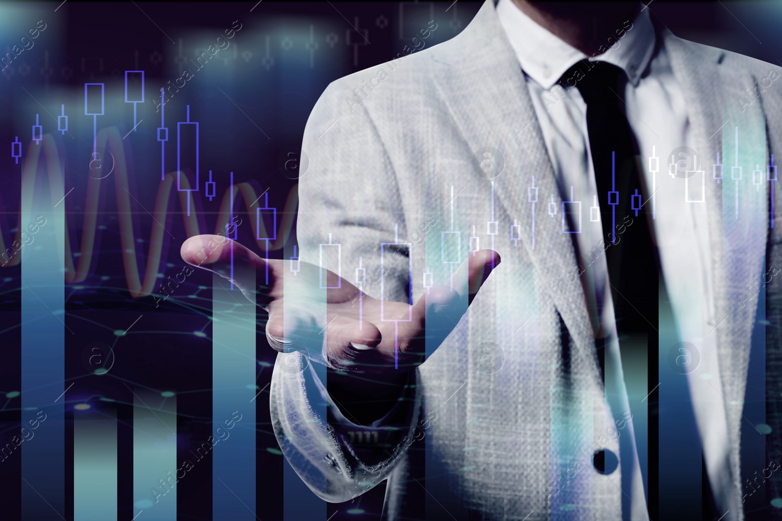 Image of Forex trading. Double exposure of man and charts