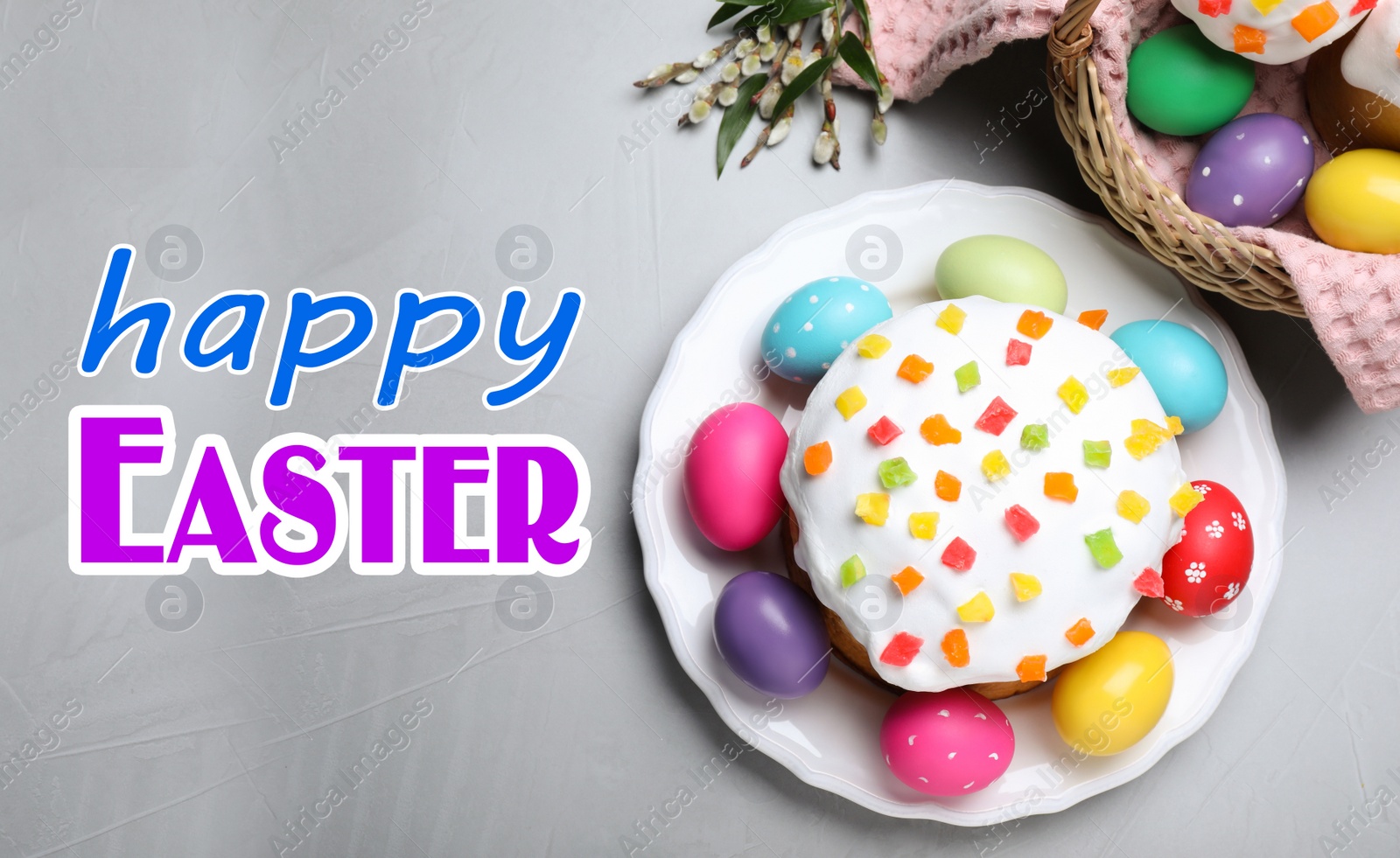 Image of Happy holiday. Easter cake and painted eggs on light grey table, flat lay