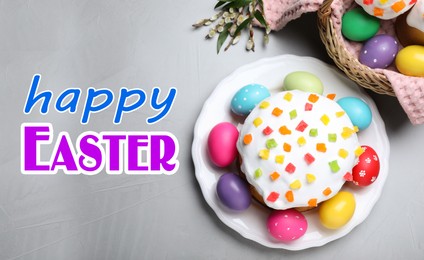 Image of Happy holiday. Easter cake and painted eggs on light grey table, flat lay