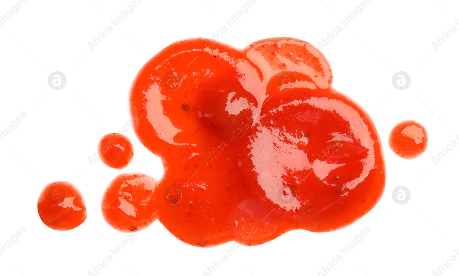 Photo of Tasty tomato sauce isolated on white, top view