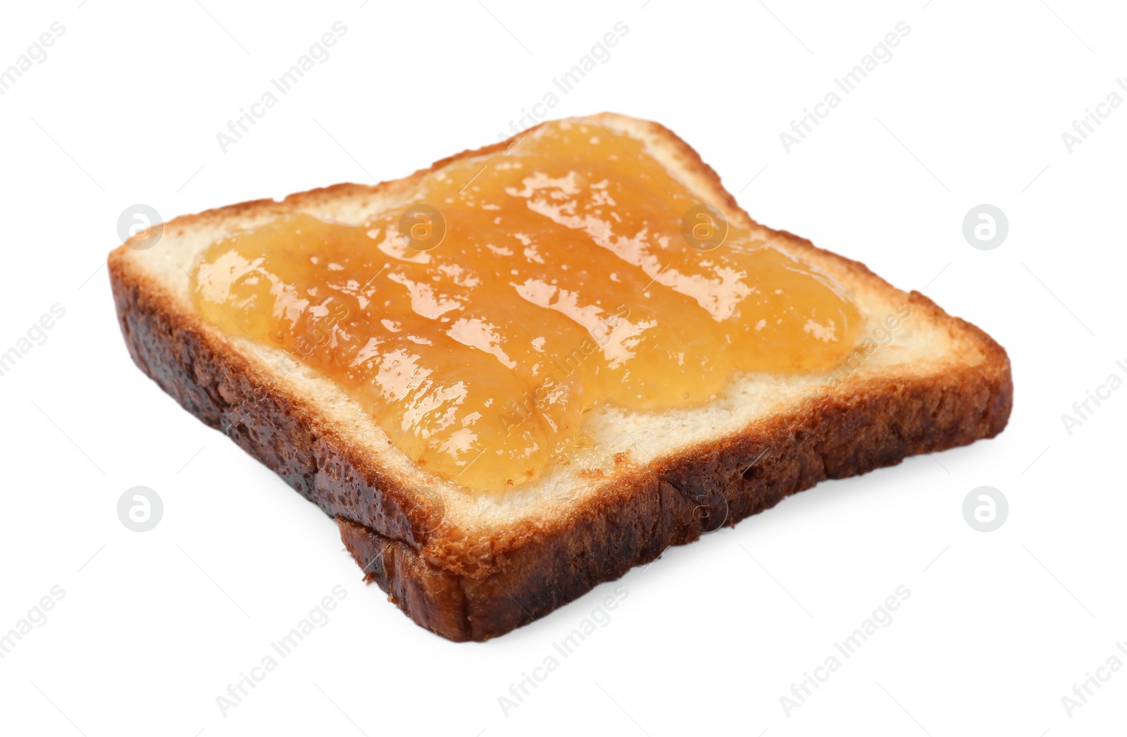 Photo of Piece of fresh toast bread with tasty jam isolated on white