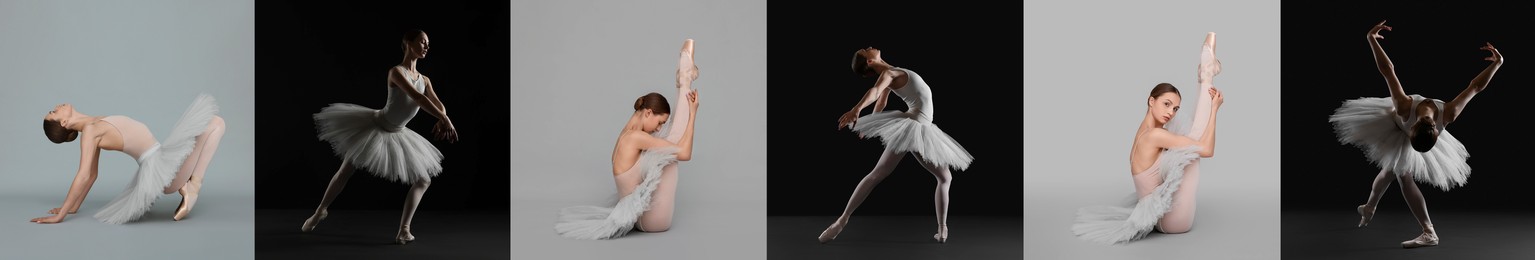 Ballerina practicing dance moves on color backgrounds, set of photos