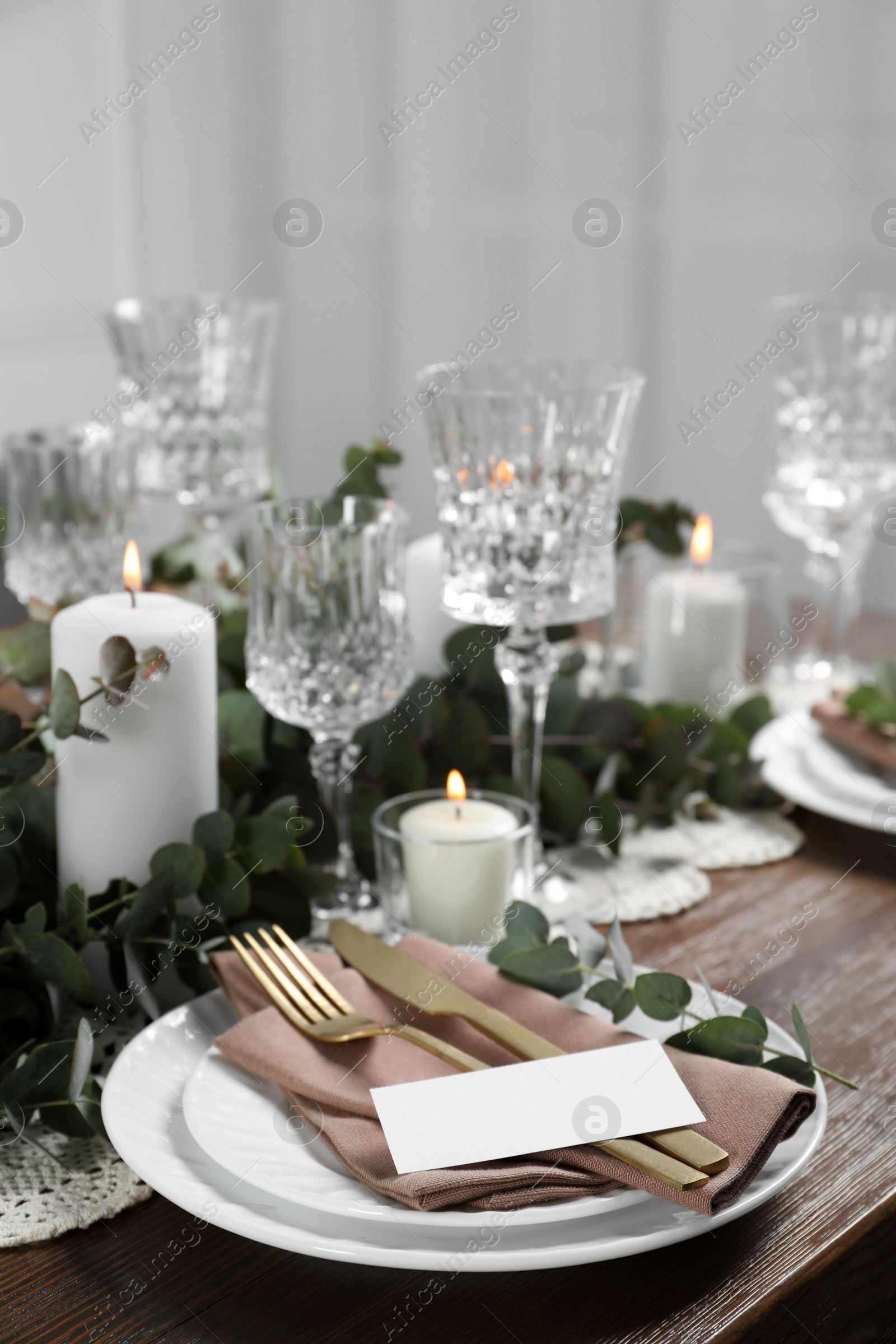 Photo of Luxury table setting with beautiful decor and blank card. Festive dinner