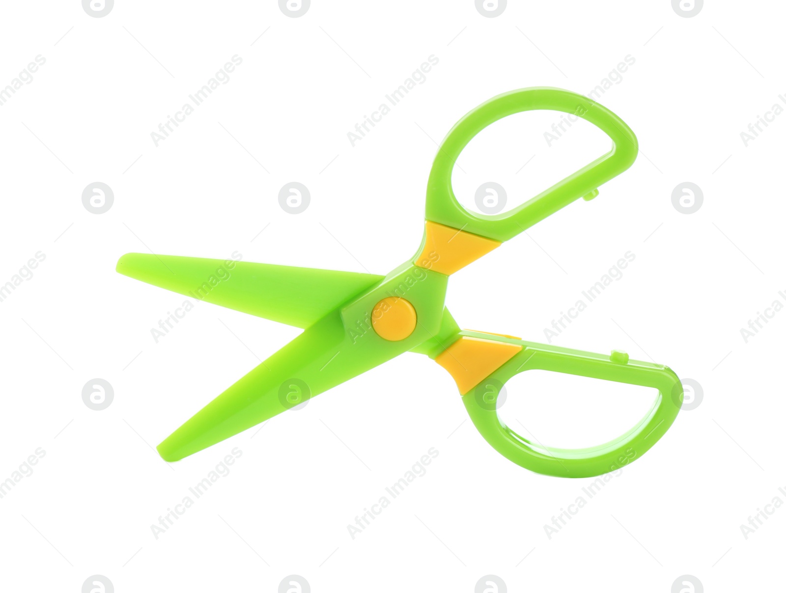 Photo of Colorful plastic scissors on white background. School stationery